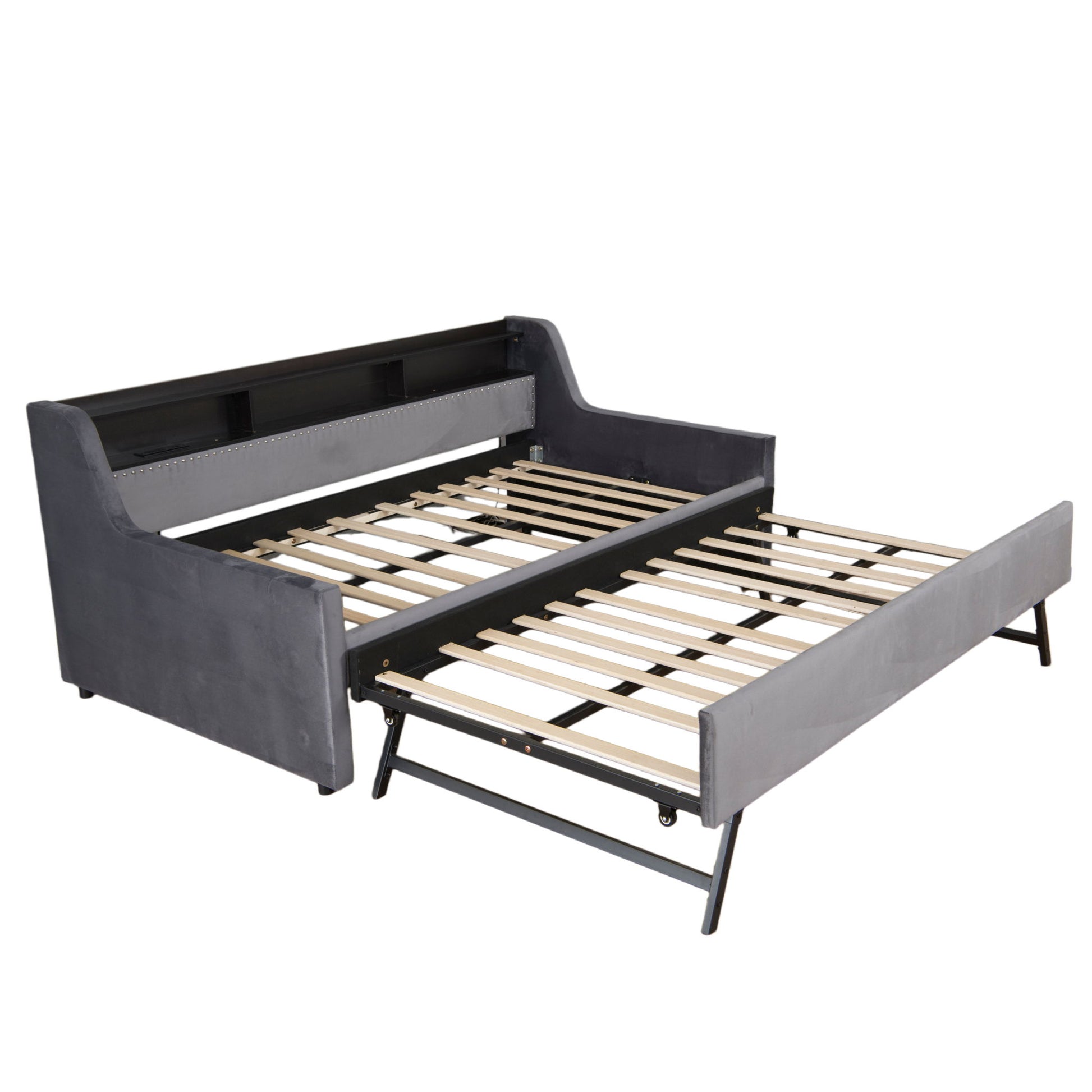 Twin Size Daybed With Trundle With LED Light ＆ Charging Station - Dark Gray - The Sleep Loft - Online Mattress Showroom NYC