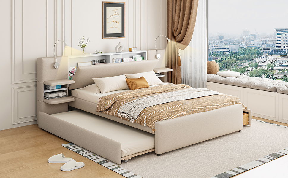 Upholstered Platform Bed With Reading Lights, Drawers, Trundle And Shelves - The Sleep Loft - Online Mattress Showroom NYC