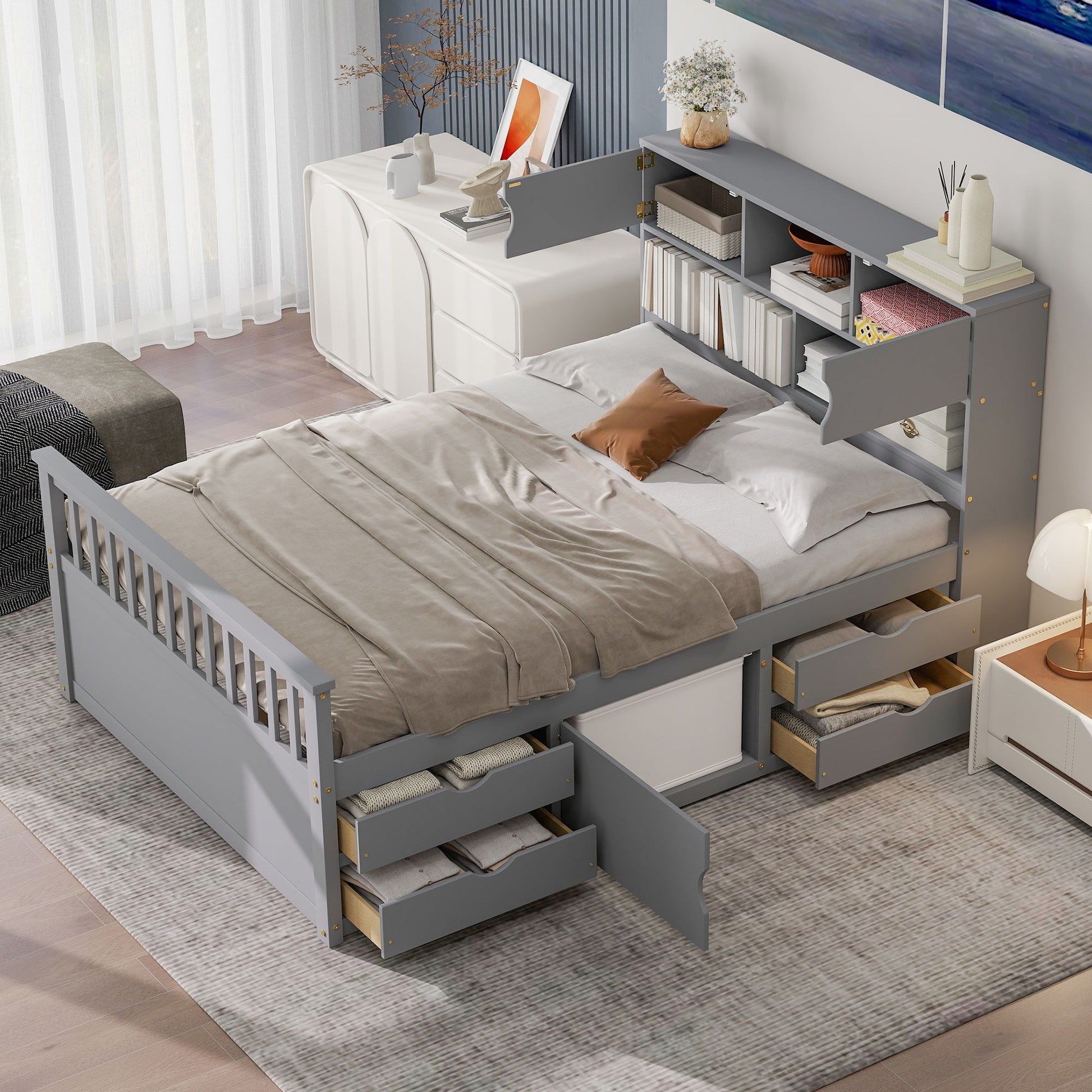 Captain Platform Bed Frame With Bookcase Headboard, 4 Drawers, Storage Shelves - The Sleep Loft - Online Mattress Showroom NYC