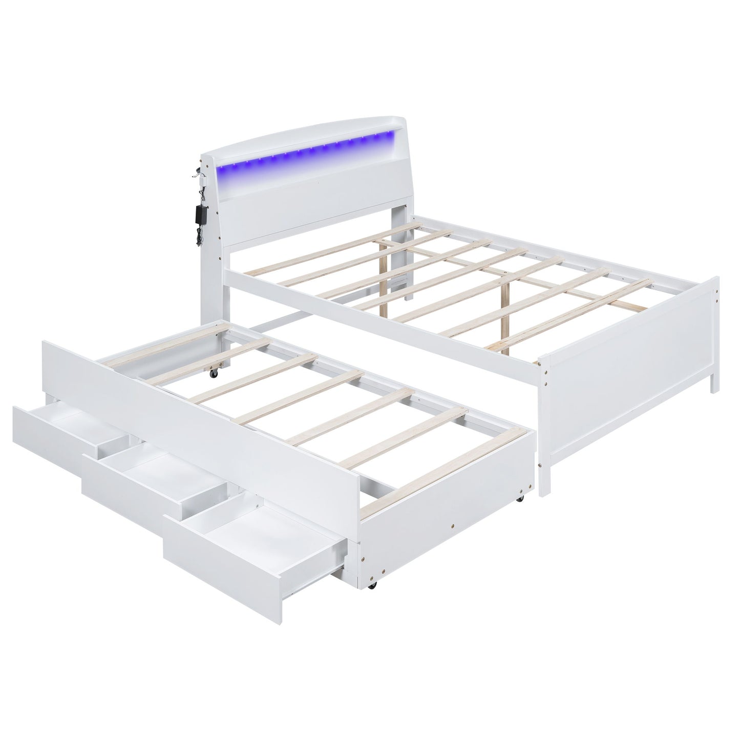 Full Size Platform Bed With Storage LED Headboard, Twin Trundle And 3 Drawers - White - The Sleep Loft - Online Mattress Showroom NYC