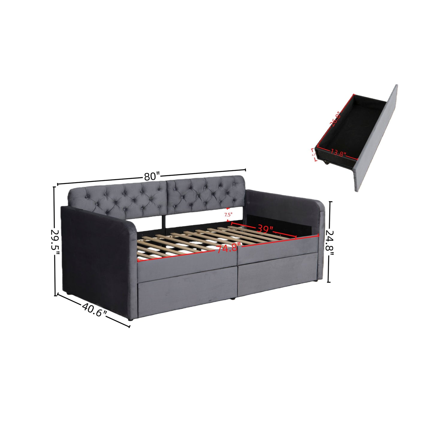 Twin Size Upholstered Daybed With 2 Storage Drawers And USB Charging Design - Gray - The Sleep Loft - Online Mattress Showroom NYC