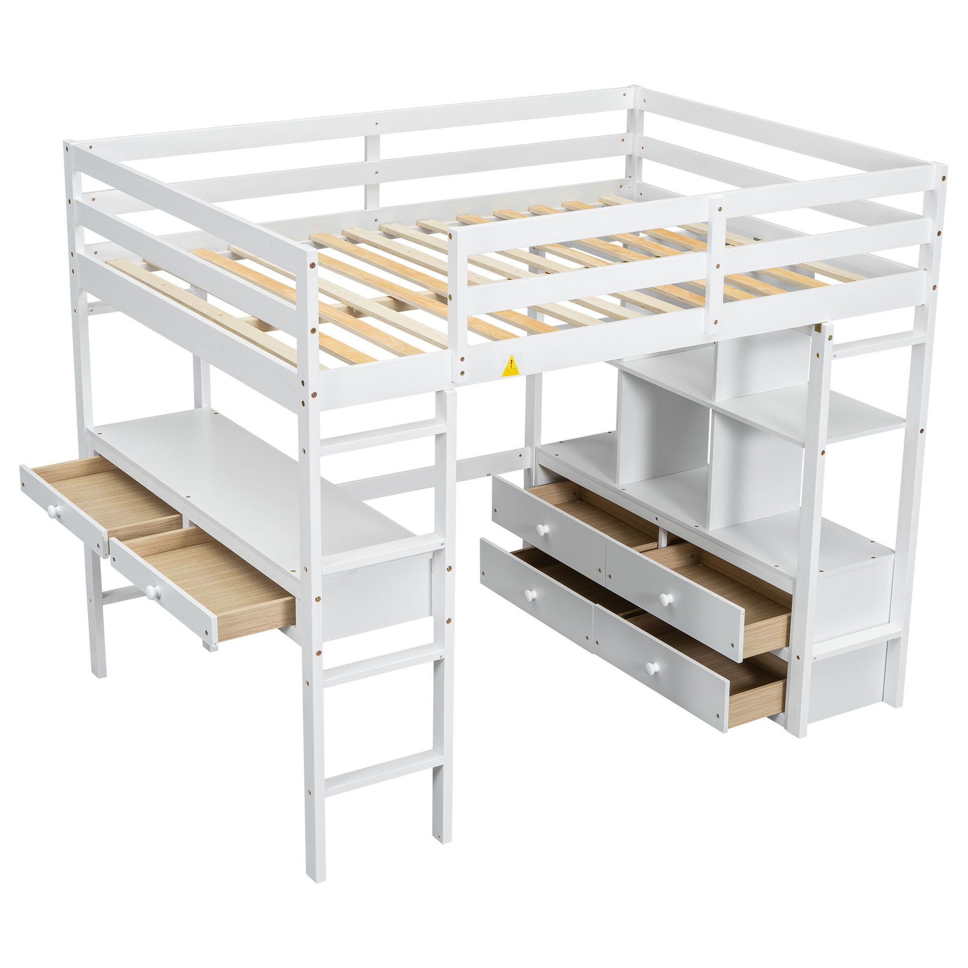 Full Size Loft Bed With Built In Desk, 2 Drawers, Storage Shelves - White - The Sleep Loft - Online Mattress Showroom NYC