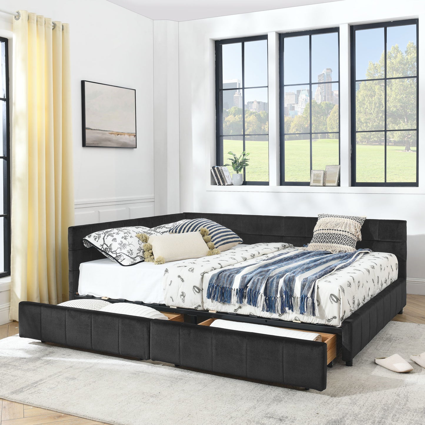 Mid-Century Storage Upholstered Tufted Bed Frame With Backrest And Armrests - The Sleep Loft - Online Mattress Showroom NYC