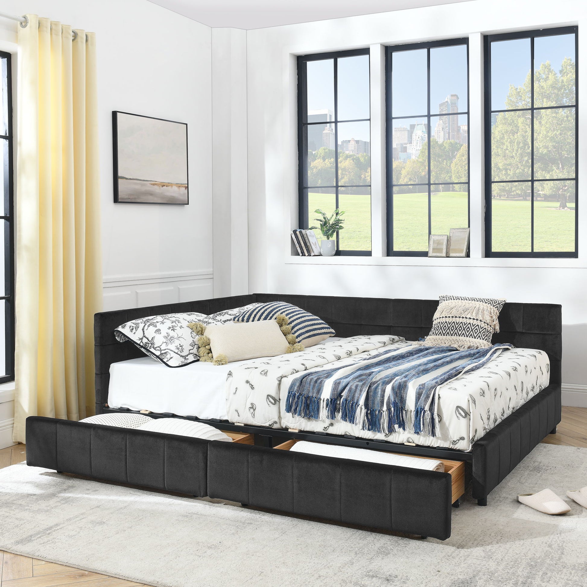 Mid-Century Storage Upholstered Tufted Bed Frame With Backrest And Armrests - The Sleep Loft - Online Mattress Showroom NYC