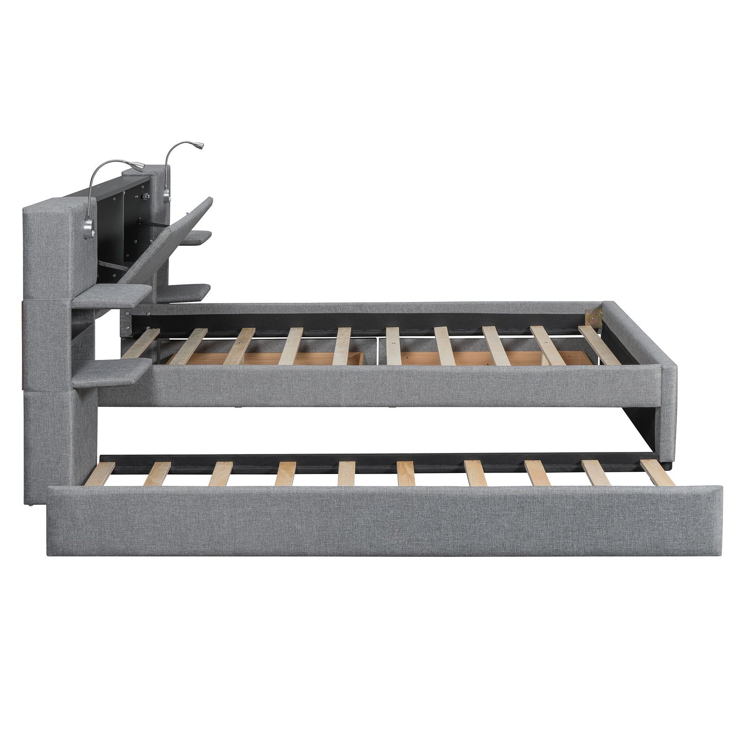 Upholstered Platform Bed With Reading Lights, Drawers, Trundle And Shelves - The Sleep Loft - Online Mattress Showroom NYC