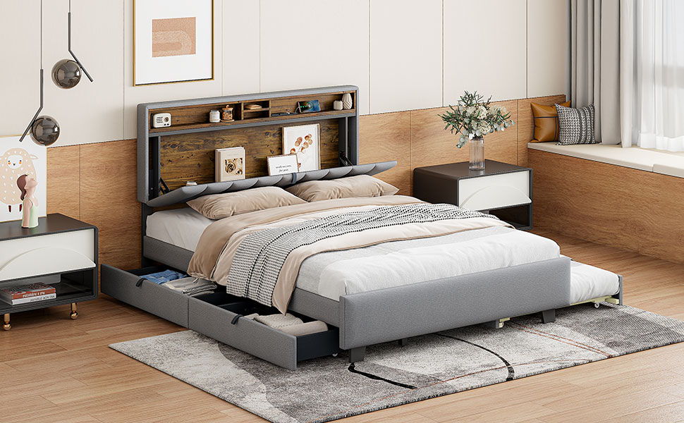 Upholstered Platform Bed With Storage Headboard, Trundle & 2 Drawers And A Set Of Sockets & USB Ports - The Sleep Loft - Online Mattress Showroom NYC