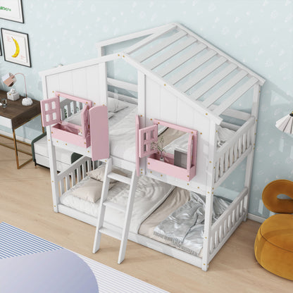 House Bunk Bed With Roof, Window, Window Box, Door, With Safety Guardrails And Ladder - The Sleep Loft - Online Mattress Showroom NYC
