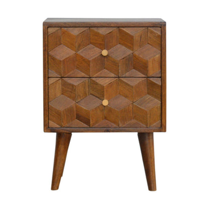 Cube Carved Bedside Table Nightstand - Chestnut - The Sleep Loft - Online Mattress Showroom NYC