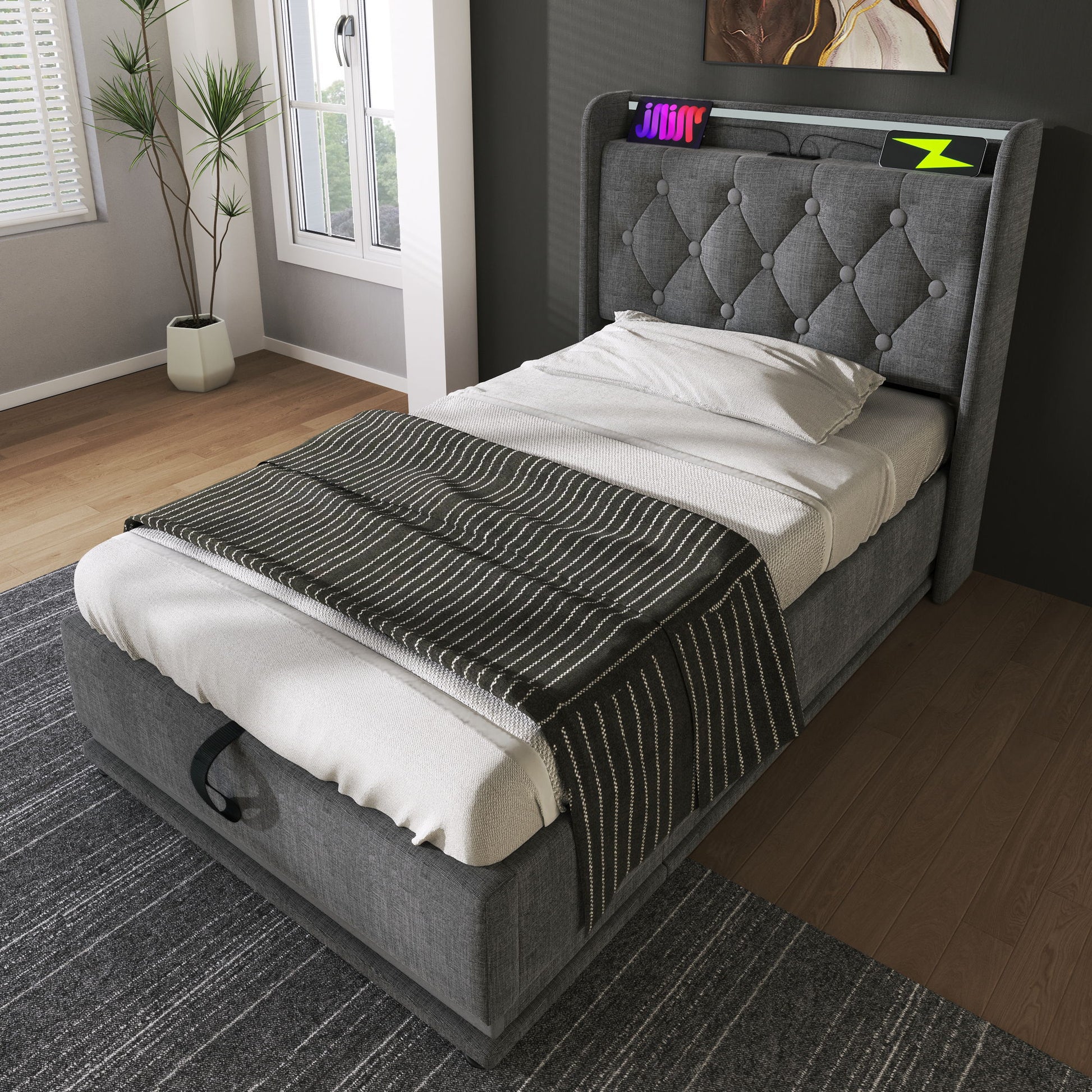 Upholstered Bed, 360 Surround LED Function, Remote Control, Hydraulic Storage Bed With USB, Type-C Charging (Without Mattress) - The Sleep Loft - Online Mattress Showroom NYC