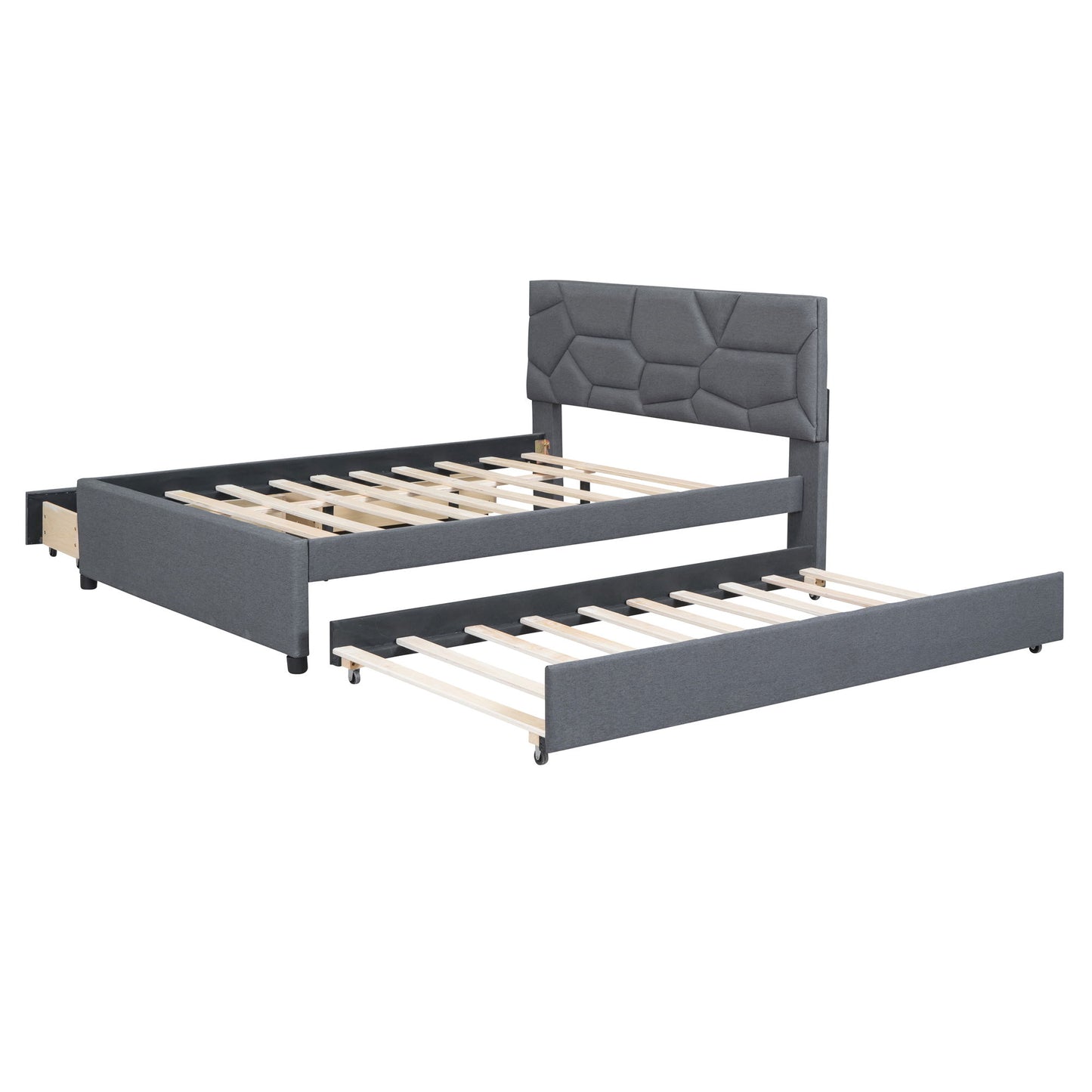 Upholstered Platform Bed With Brick Pattern Headboard And Twin Long Size Trundle - The Sleep Loft - Online Mattress Showroom NYC
