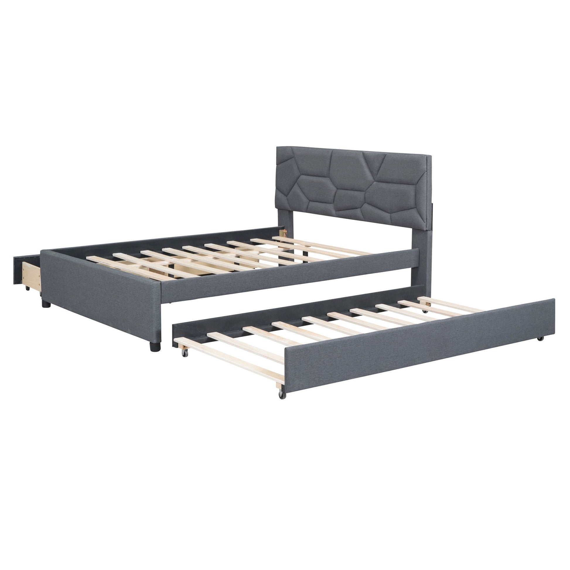 Upholstered Platform Bed With Brick Pattern Headboard And Twin Long Size Trundle - The Sleep Loft - Online Mattress Showroom NYC