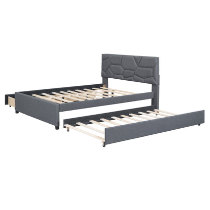 Upholstered Platform Bed With Brick Pattern Headboard And Twin Long Size Trundle - The Sleep Loft - Online Mattress Showroom NYC