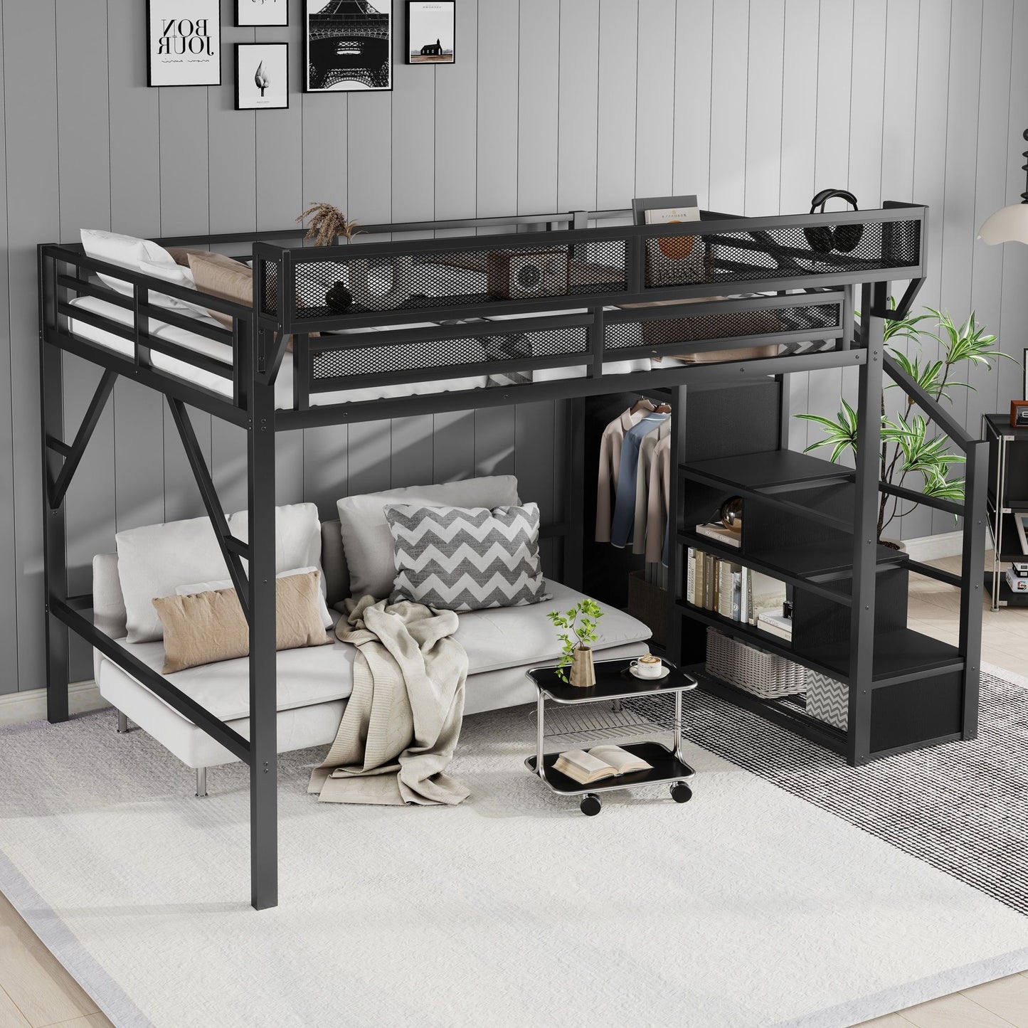 Queen Size Loft Bed With Stairs, Storage Shelves, Wardrobe - Black - The Sleep Loft - Online Mattress Showroom NYC