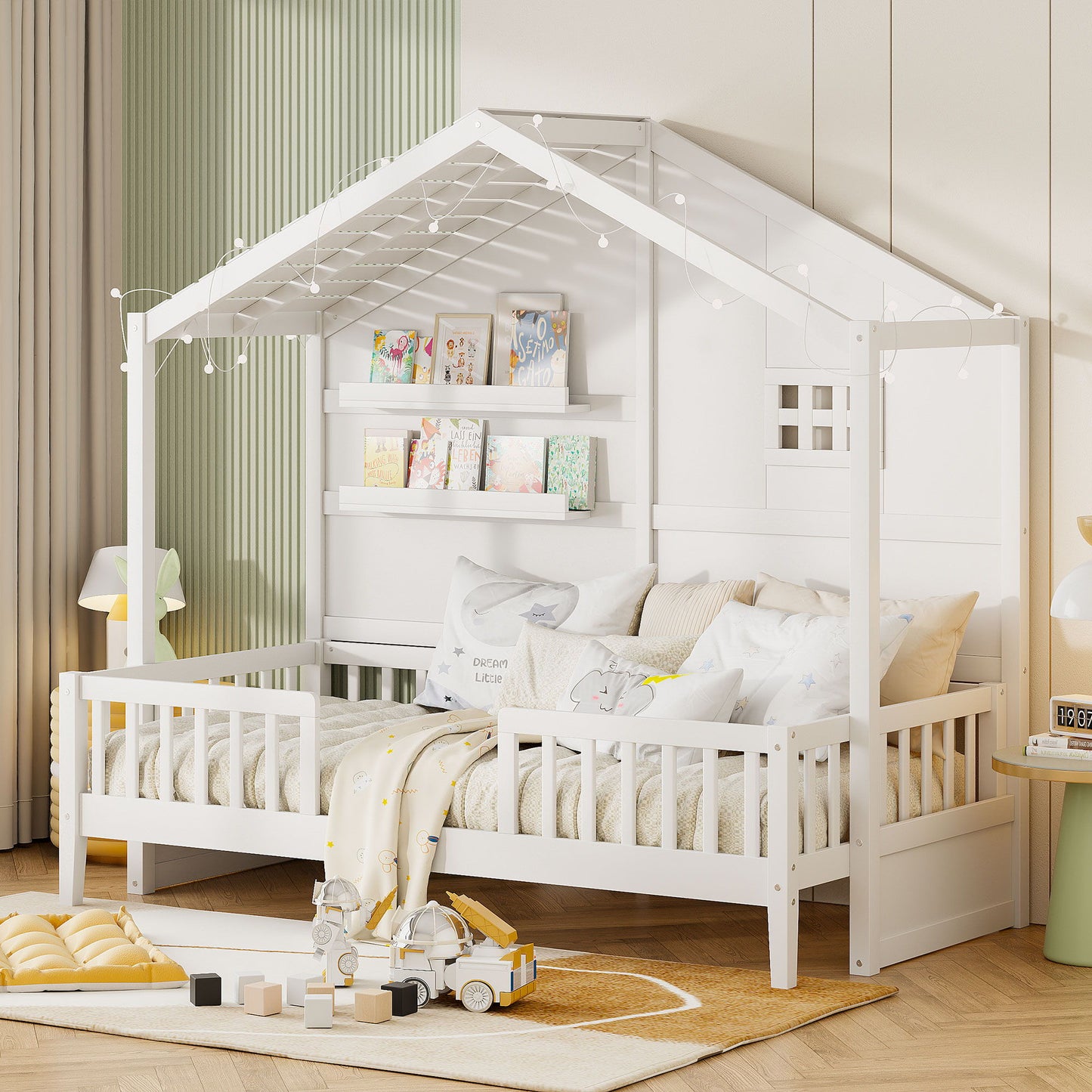 House Bed With Shelves, Window And Sparkling Light Strip On The Roof - The Sleep Loft - Online Mattress Showroom NYC