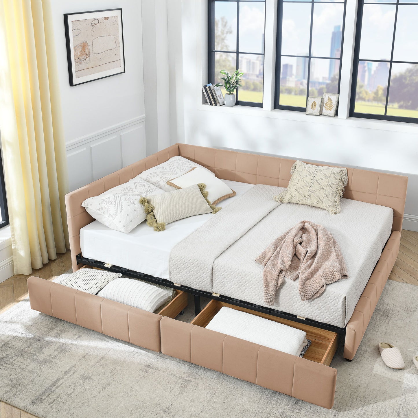 Mid-Century Storage Upholstered Tufted Bed Frame With Backrest And Armrests - The Sleep Loft - Online Mattress Showroom NYC
