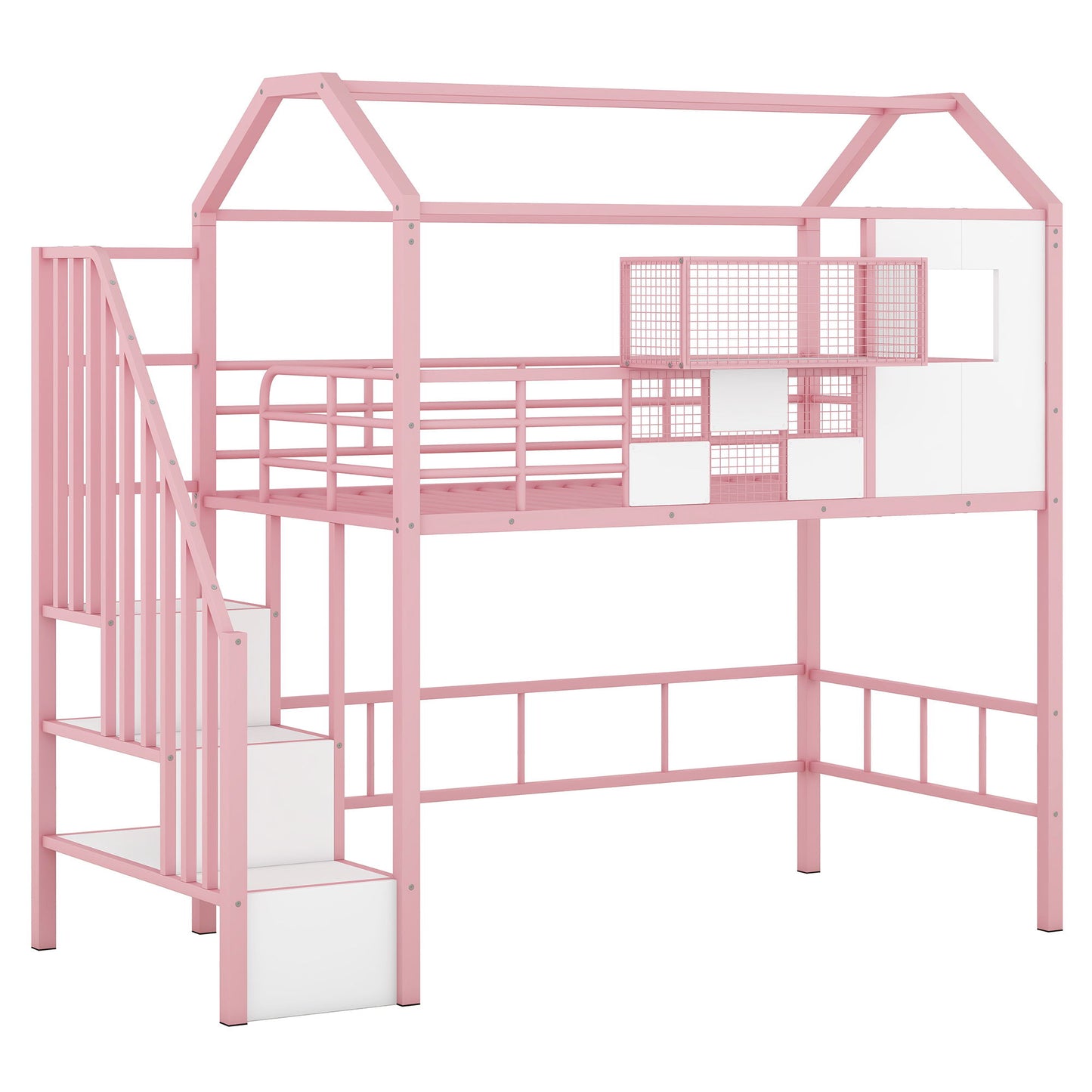Metal Loft Bed With Roof Design And Storage Box With Guardrails And Integrated Ladder - The Sleep Loft - Online Mattress Showroom NYC