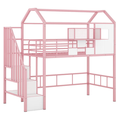 Metal Loft Bed With Roof Design And Storage Box With Guardrails And Integrated Ladder - The Sleep Loft - Online Mattress Showroom NYC