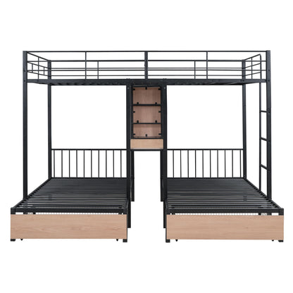 Triple Bunk Bed With Drawers, Multi-Functional Frame With Desks And Shelves In The Middle - The Sleep Loft - Online Mattress Showroom NYC
