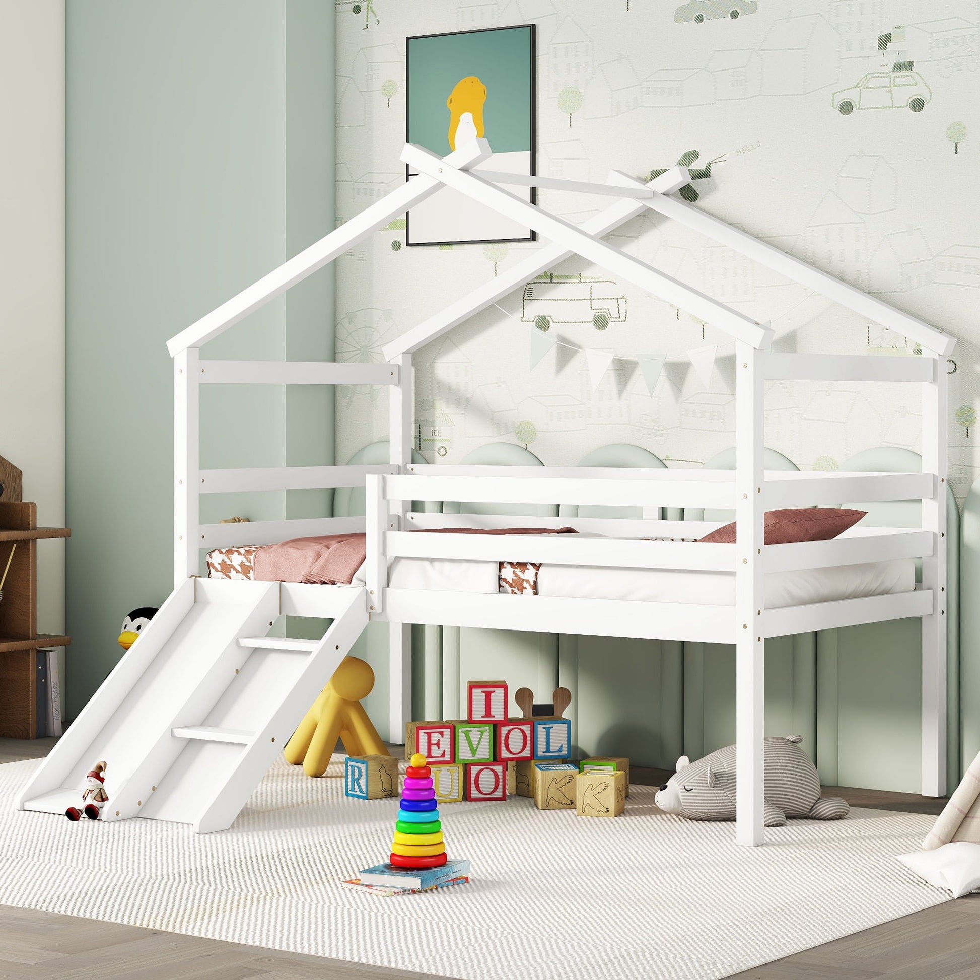Low Loft House Bed With Slide, Ladder, Safety Guardrails, House Roof Frame - The Sleep Loft - Online Mattress Showroom NYC