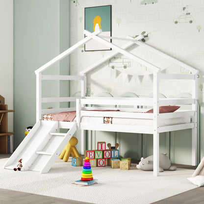 Low Loft House Bed With Slide, Ladder, Safety Guardrails, House Roof Frame - The Sleep Loft - Online Mattress Showroom NYC