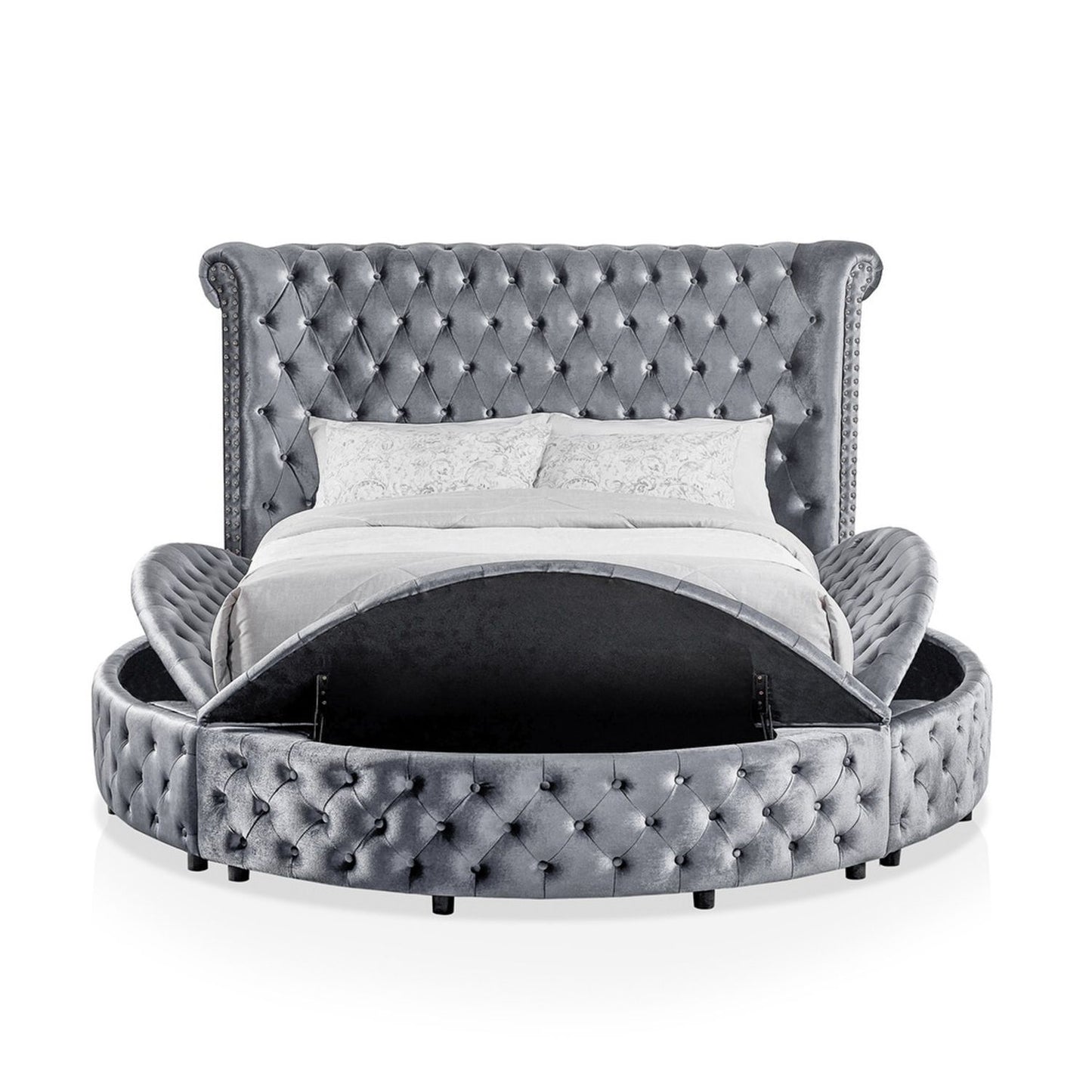 Glam Button Tufted Wingback Round Bed With Storage And USB Ports - The Sleep Loft - Online Mattress Showroom NYC