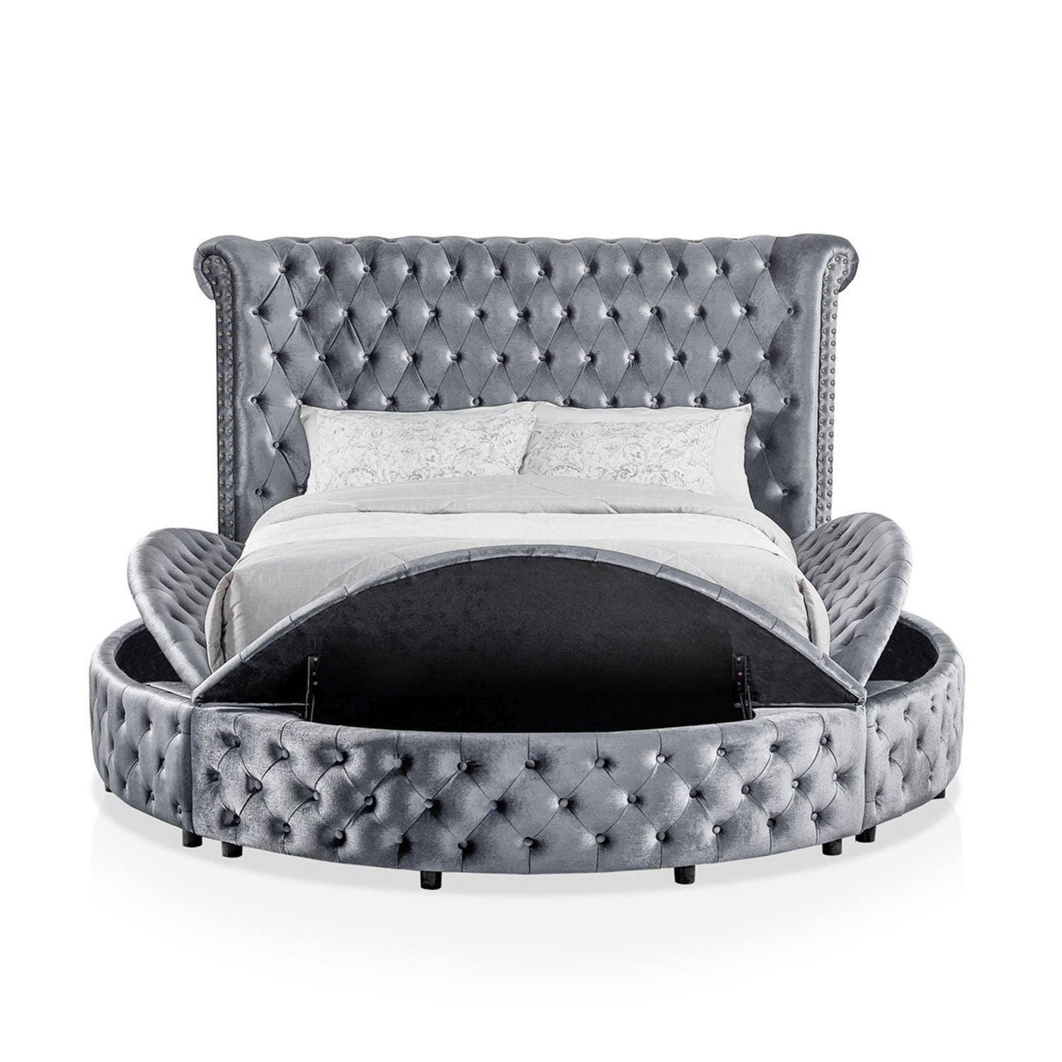 Glam Button Tufted Wingback Round Bed With Storage And USB Ports - The Sleep Loft - Online Mattress Showroom NYC