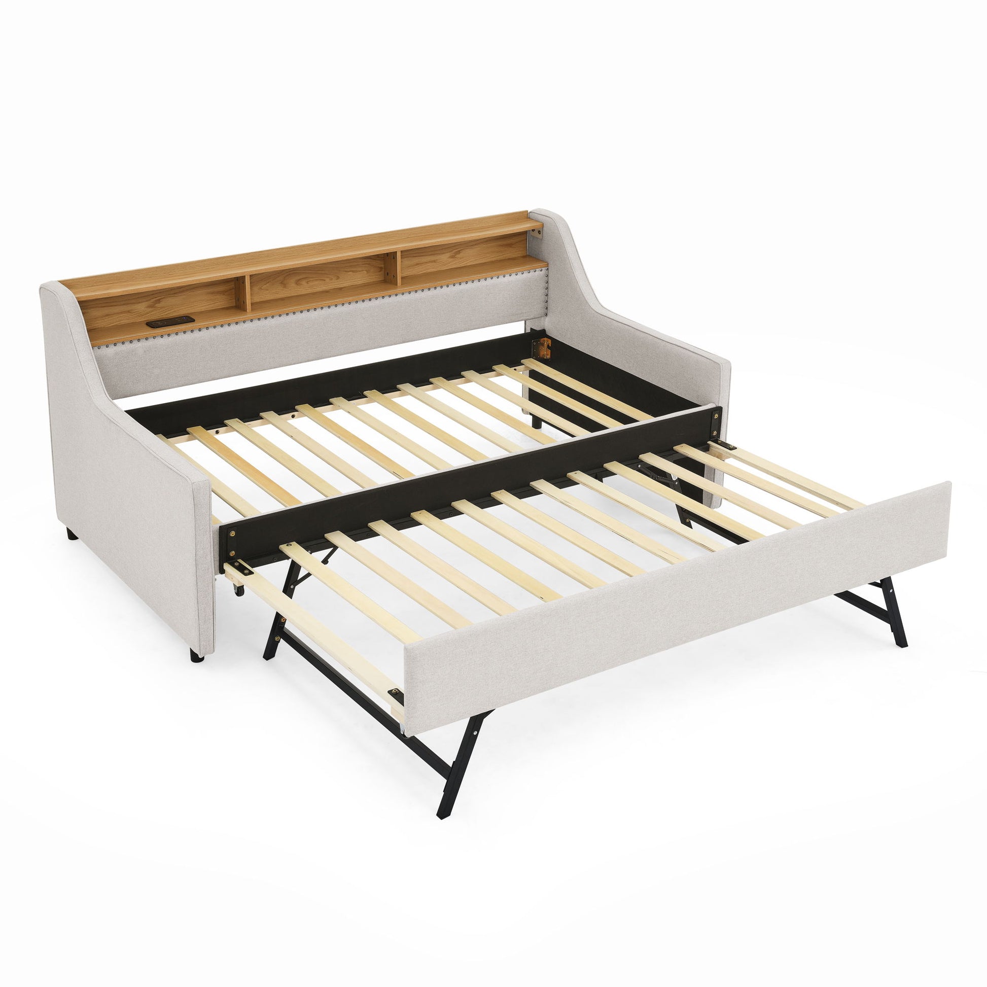 Upholstered Sofa Bed With LED Lights, Storage Headboard, Foldable Trundle & Wireless Charging - The Sleep Loft - Online Mattress Showroom NYC