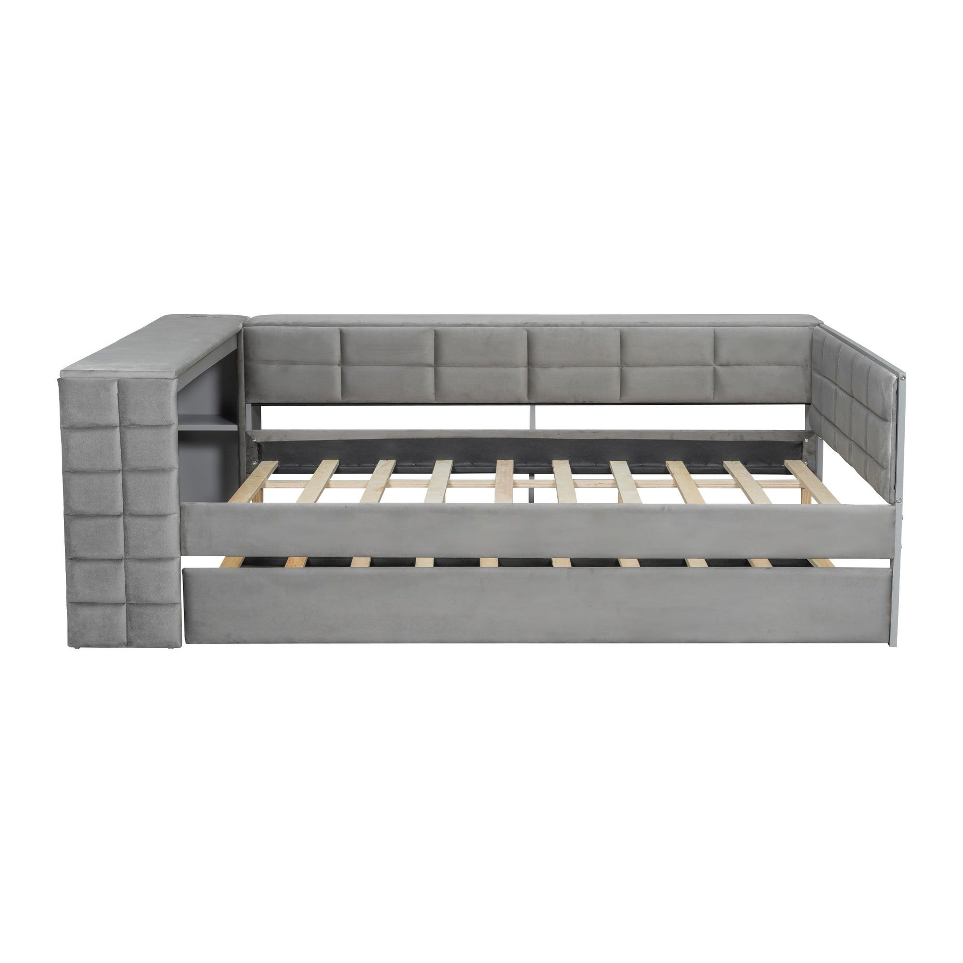 Upholstered Platform Bed With Storage Shelves, Desk, Charging Station And Trundle - The Sleep Loft - Online Mattress Showroom NYC