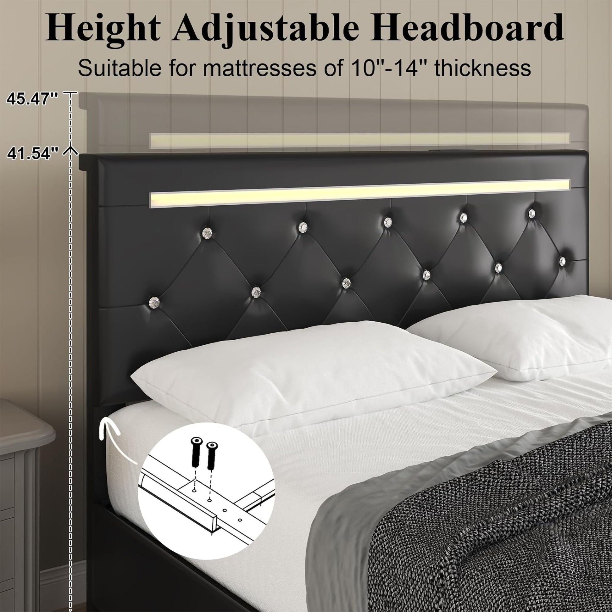 Upholstered Bed Frame With LED Lights, 4 Storage Drawers, Charging Station - The Sleep Loft - Online Mattress Showroom NYC