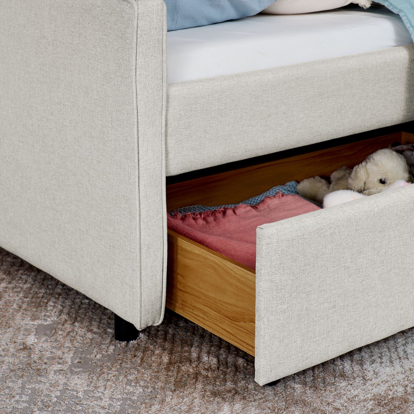 Twin Upholstered Sofa Bed With LED Lights, Storage Drawers, Adjustable Headboard & Wireless Charging - Beige - The Sleep Loft - Online Mattress Showroom NYC