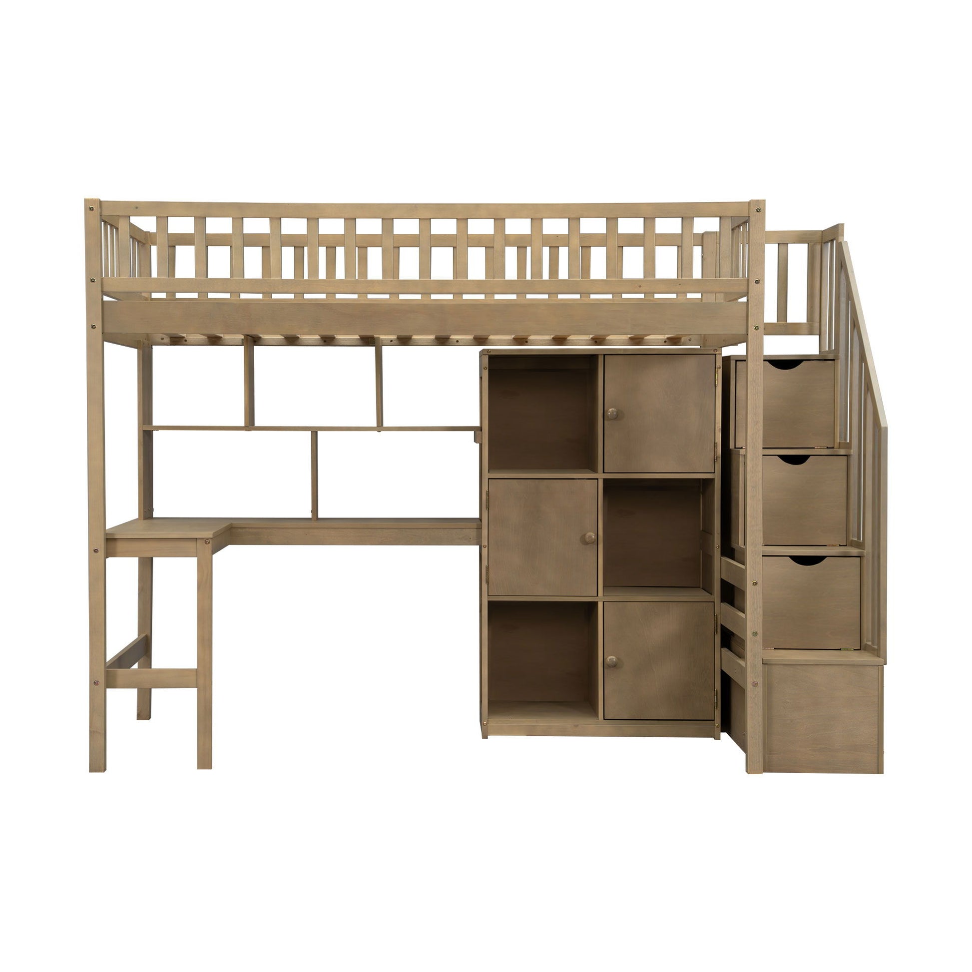 Loft Bed With Built In L Shaped Desk, LED Lights, Storage Shelves, Cabinets, And Staircase - The Sleep Loft - Online Mattress Showroom NYC