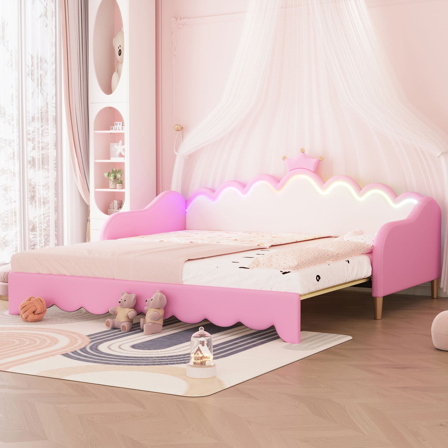 Extending Daybed With LED Lights, Modern Upholstered Princess Daybed With Crown Headboard - The Sleep Loft - Online Mattress Showroom NYC