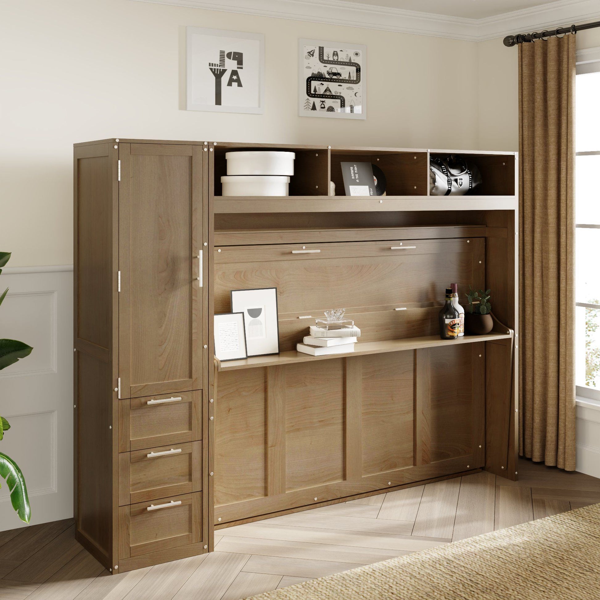 Full Size Murphy Bed With Wardrobe, Drawers, And Open Shelves - Wood - The Sleep Loft - Online Mattress Showroom NYC