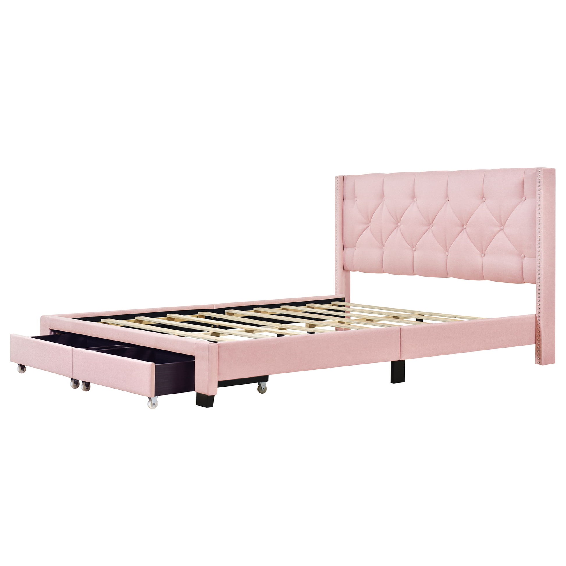 Queen Size Storage Bed Linen Upholstered Platform Bed & Two Drawers - Pink - The Sleep Loft - Online Mattress Showroom NYC
