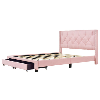 Queen Size Storage Bed Linen Upholstered Platform Bed & Two Drawers - Pink - The Sleep Loft - Online Mattress Showroom NYC