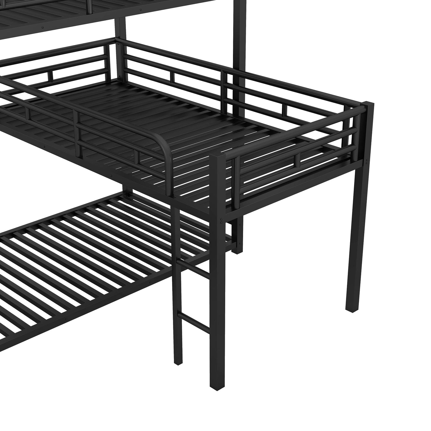 L-Shaped Triple Twin Size Bunk Bed, Industrial Design With Integrated Ladder And Full Length Guardrails - Black - The Sleep Loft - Online Mattress Showroom NYC