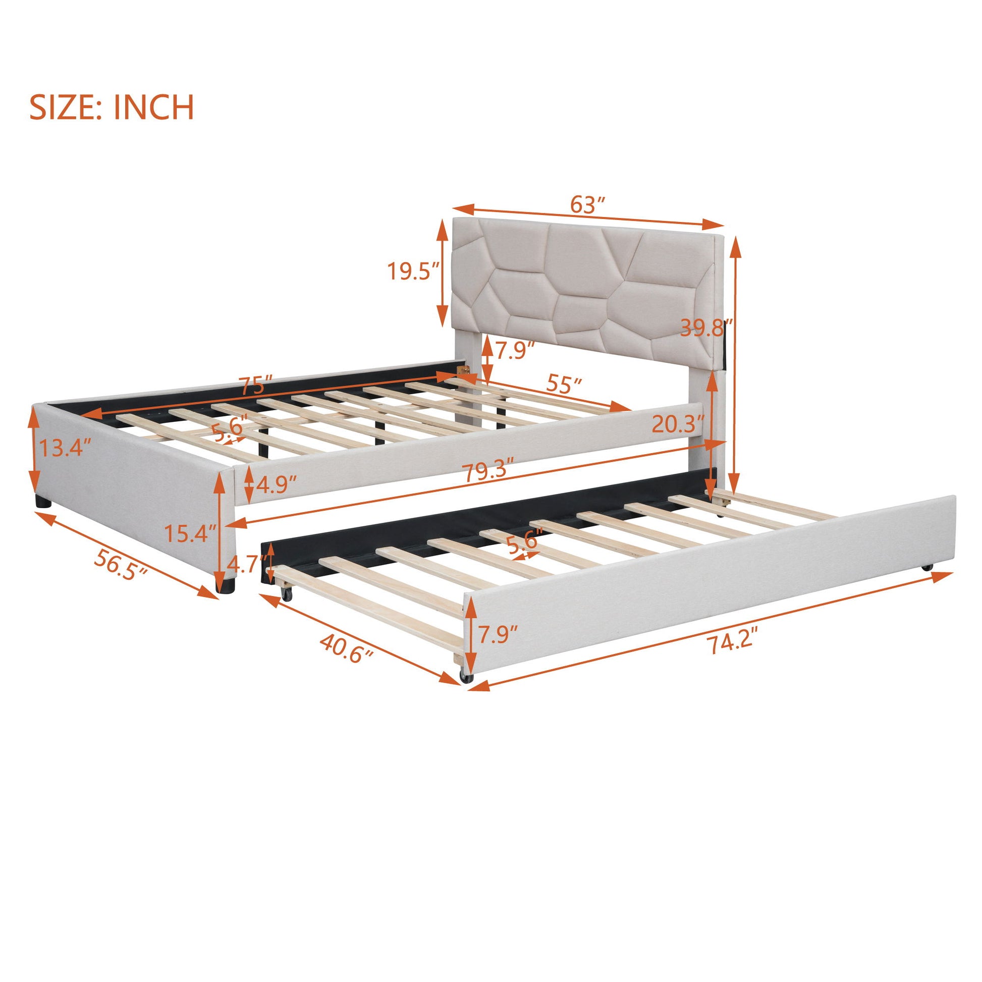 Upholstered Platform Bed With Brick Pattern Headboard And Twin Long Size Trundle - The Sleep Loft - Online Mattress Showroom NYC