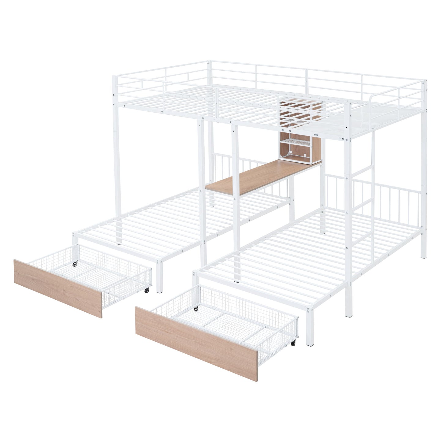 Triple Bunk Bed With Drawers, Multi-Functional Frame With Desks And Shelves In The Middle - The Sleep Loft - Online Mattress Showroom NYC