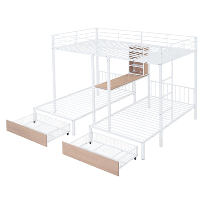 Triple Bunk Bed With Drawers, Multi-Functional Frame With Desks And Shelves In The Middle - The Sleep Loft - Online Mattress Showroom NYC