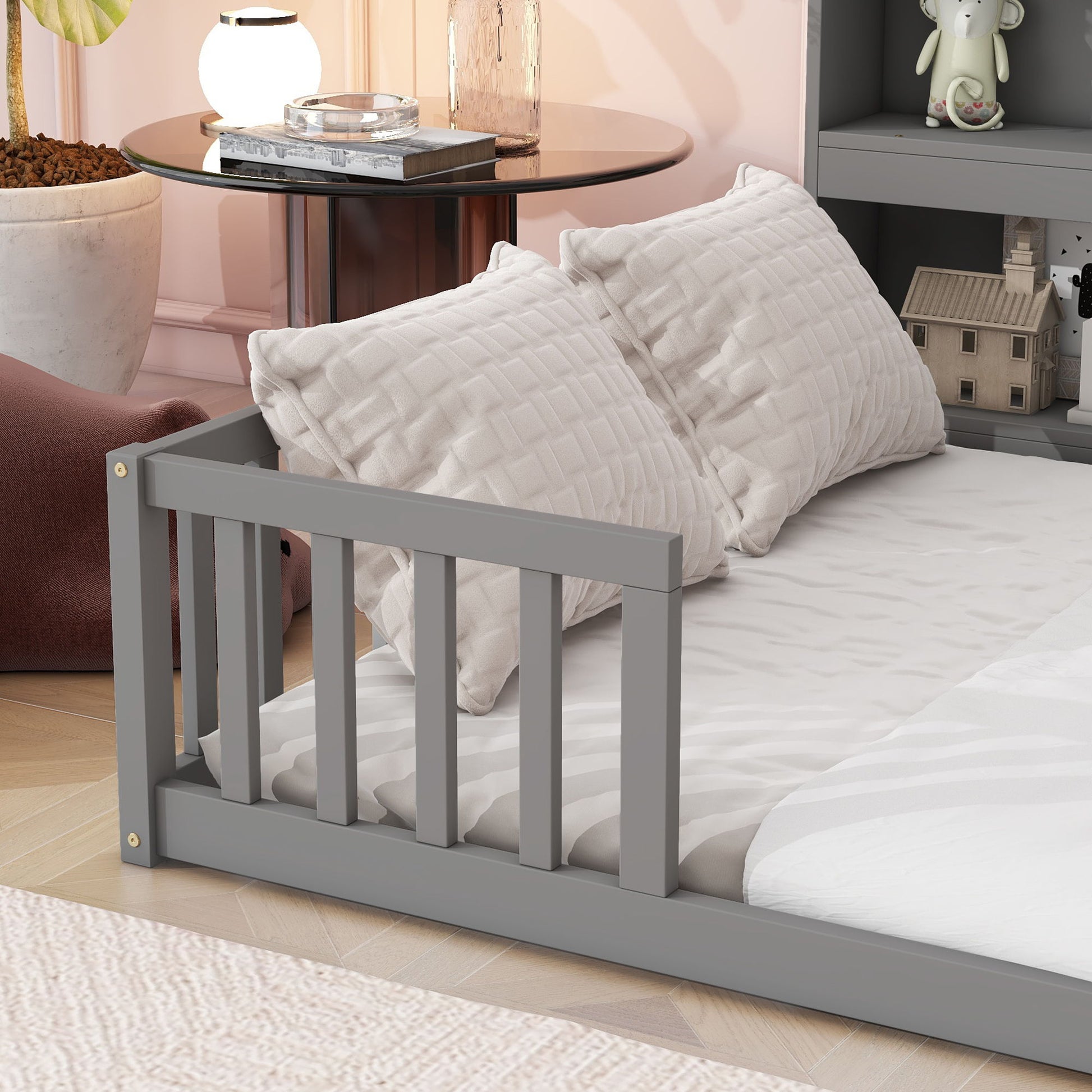 Floor Bed With Side Bookcase, Shelves, Guardrails - The Sleep Loft - Online Mattress Showroom NYC