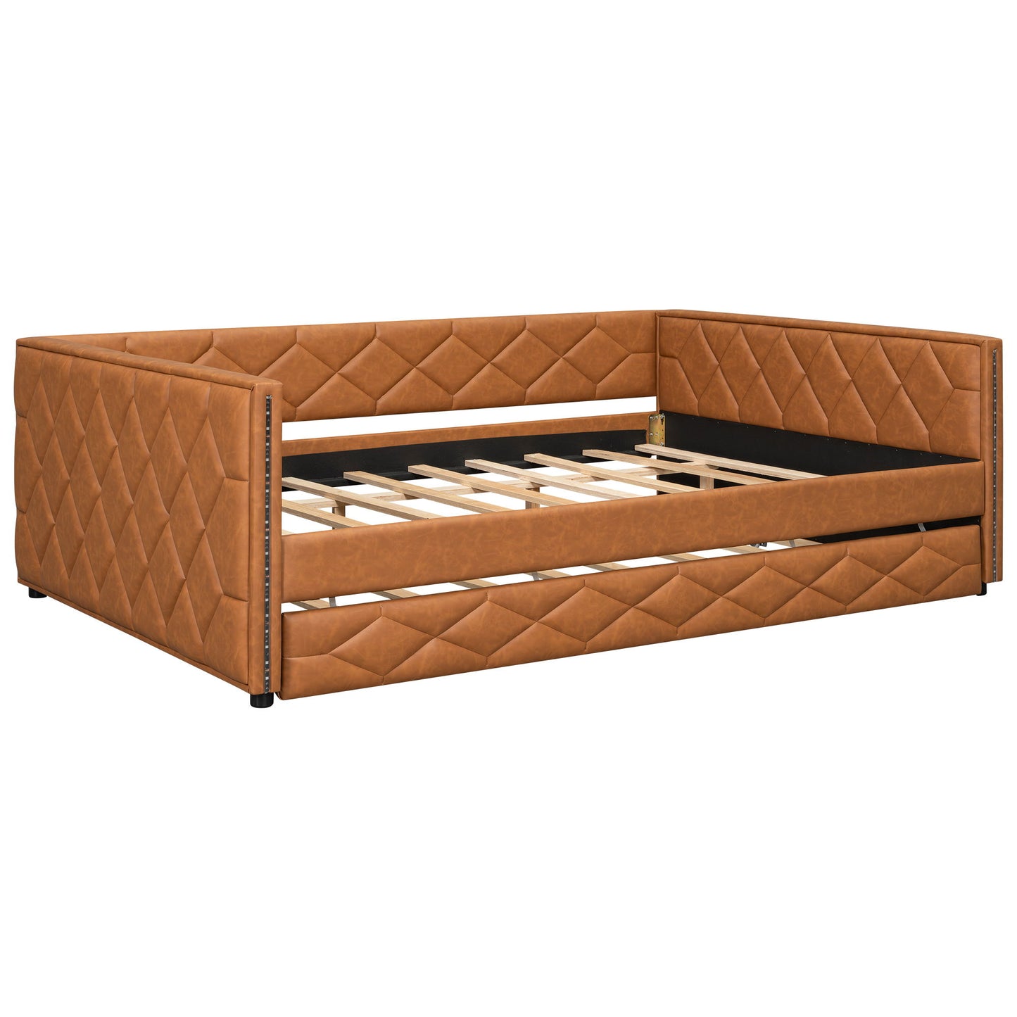 Upholstered Full Long Daybed With Trundle And LED Armrests - Brown - The Sleep Loft - Online Mattress Showroom NYC