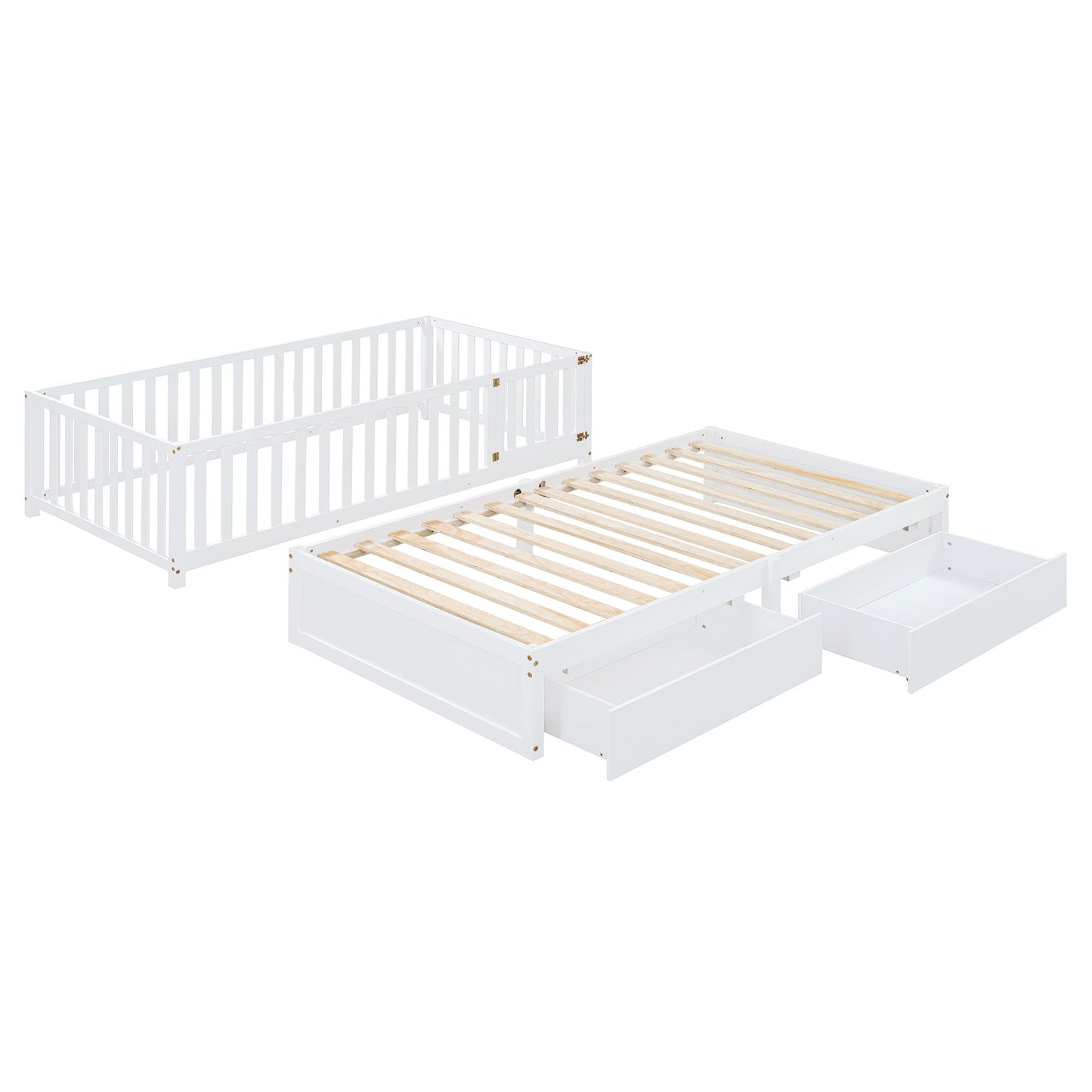 Daybed With Fence Guardrails And 2 Drawers, Split Into Independent Floor Bed & Daybed - The Sleep Loft - Online Mattress Showroom NYC