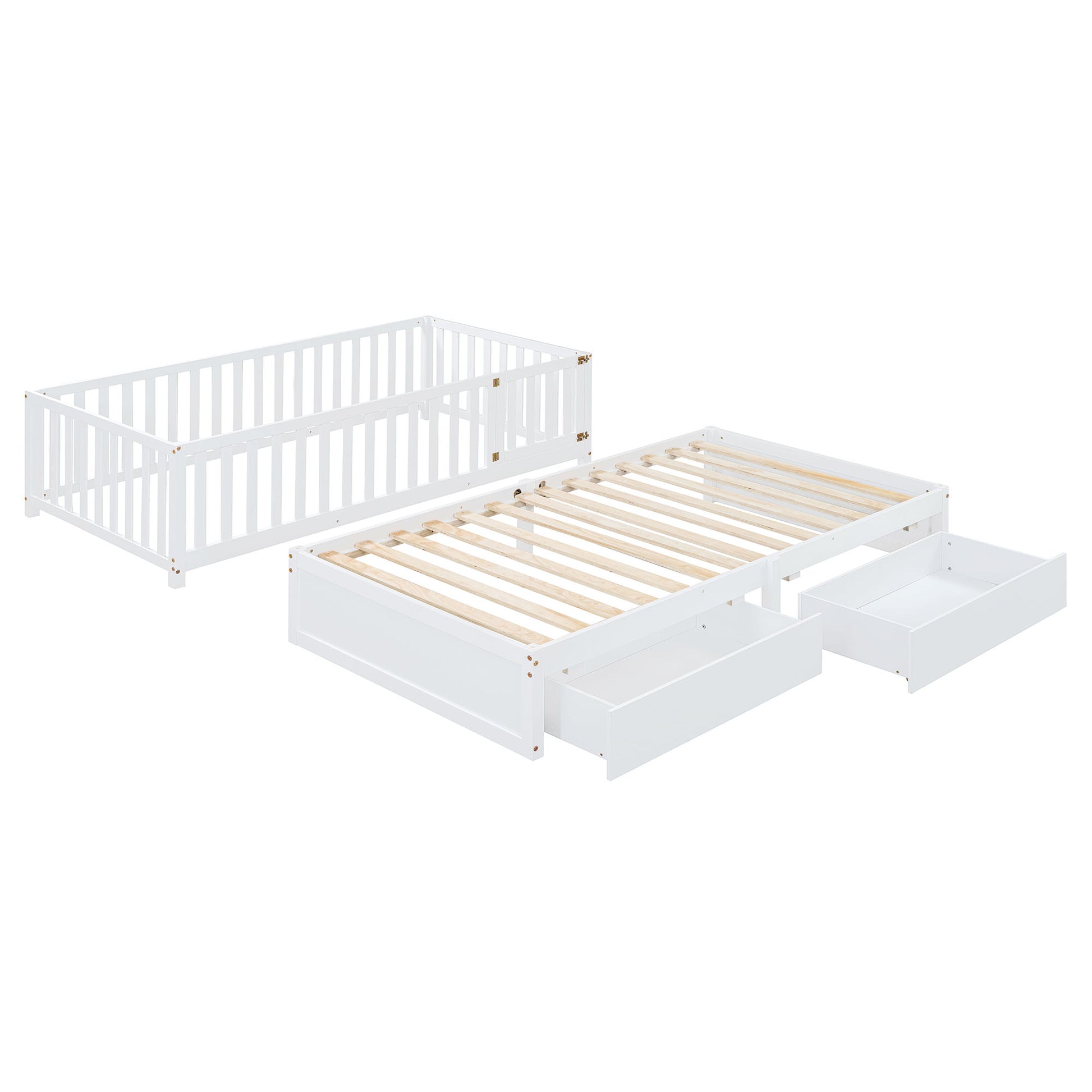 Daybed With Fence Guardrails And 2 Drawers, Split Into Independent Floor Bed & Daybed - The Sleep Loft - Online Mattress Showroom NYC