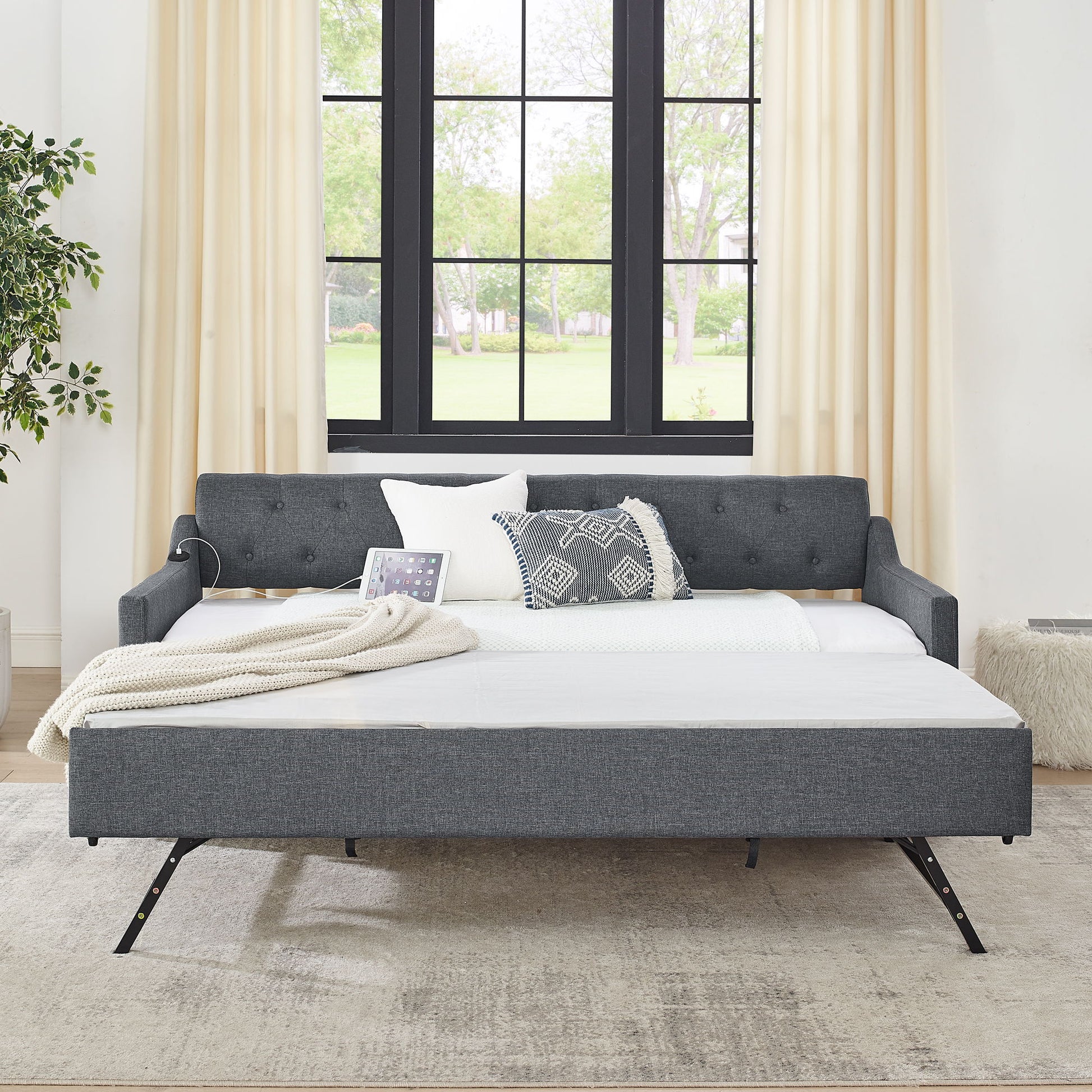 Size Upholstered Daybed With Trundle And USB Charging Armrest - The Sleep Loft - Online Mattress Showroom NYC