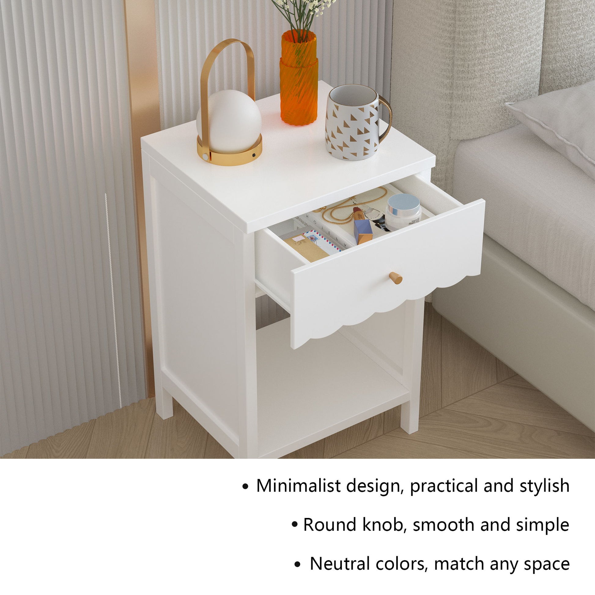 Nightstand With Drawer And Open Shelf, Scalloped Edge Bedside Table - The Sleep Loft - Online Mattress Showroom NYC