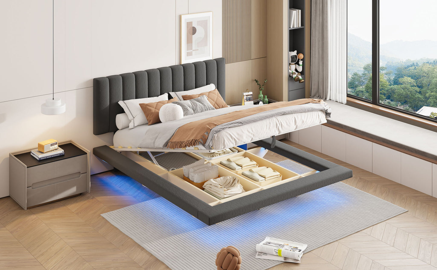 Upholstered Floating Hydrualic Platform Bed With LED Light And USB Port - The Sleep Loft - Online Mattress Showroom NYC