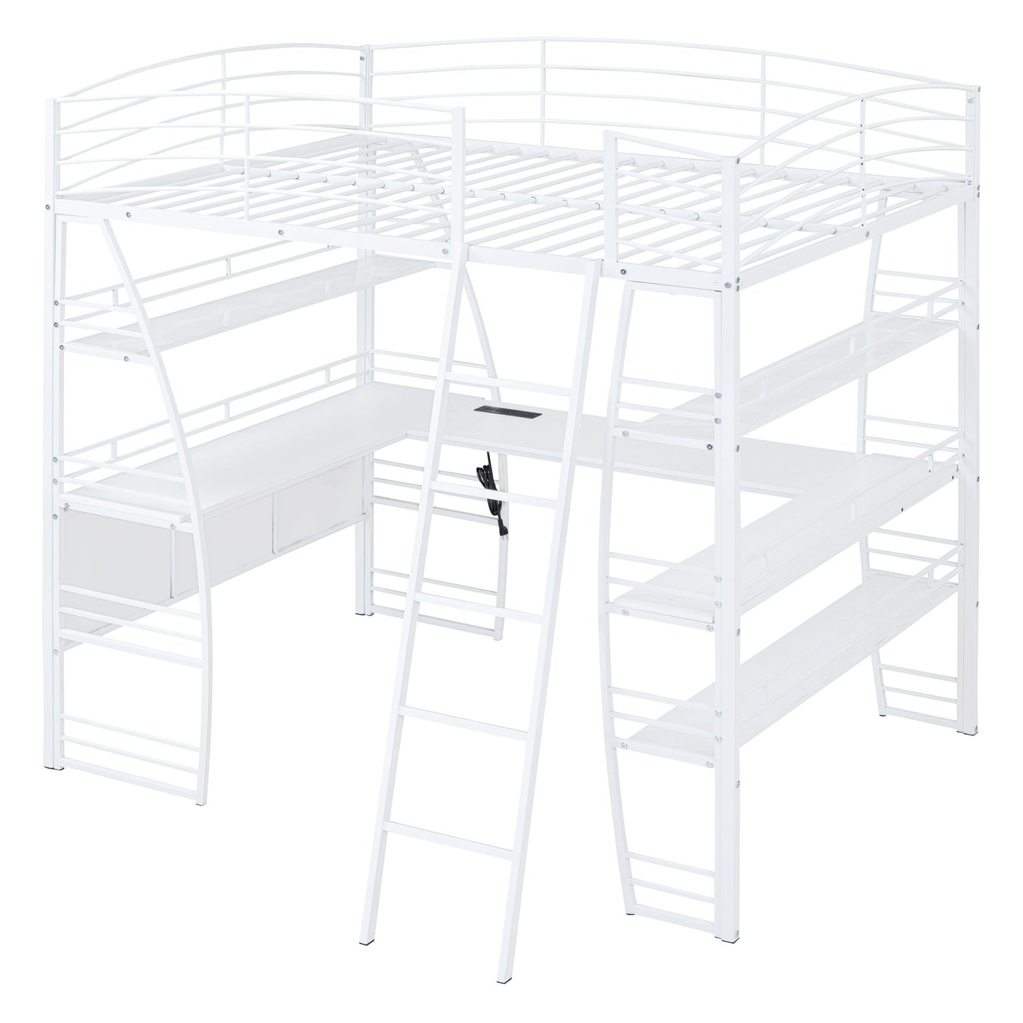 Loft Bed With 4 Layers Of Shelves And L-Shaped Desk, Stylish Metal Frame Bed With A Set Of Sockets, USB Ports And And Wireless Charging - The Sleep Loft - Online Mattress Showroom NYC