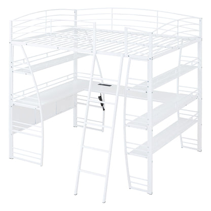 Loft Bed With 4 Layers Of Shelves And L-Shaped Desk, Stylish Metal Frame Bed With A Set Of Sockets, USB Ports And And Wireless Charging - The Sleep Loft - Online Mattress Showroom NYC