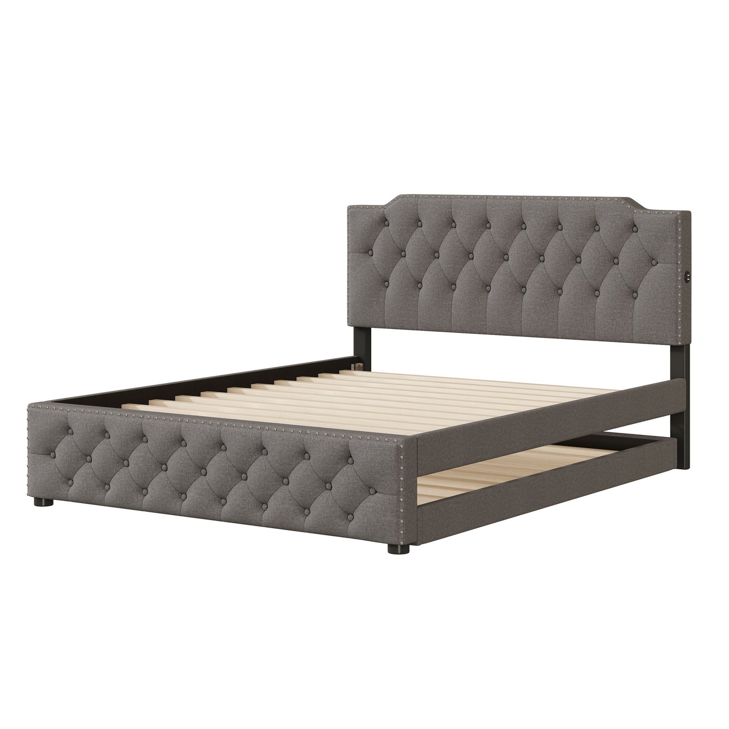 Upholstered Platform Bed With Trundle And 2 Sets Of USB Ports On Each Side, Linen Fabric - The Sleep Loft - Online Mattress Showroom NYC