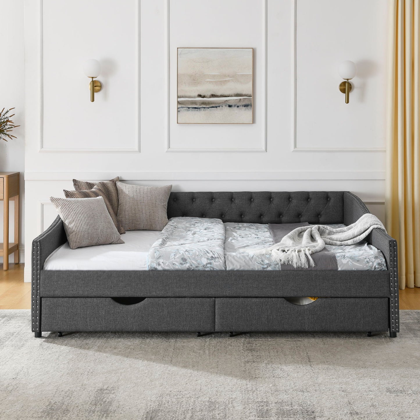 Upholstered Tufted Daybed With 2 Drawers, Waved Arms - The Sleep Loft - Online Mattress Showroom NYC